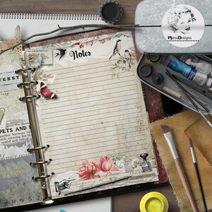 May include: A planner notes page with a vintage aesthetic. The open notebook features lined pages, floral and bird illustrations, and the word "Notes". Additional items include paint tubes, brushes, and pencils. The text "Planner Notes Page - Printed" is visible.