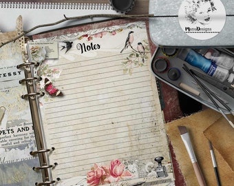May include: A vintage-style planner notes page with floral and bird illustrations. The open notebook displays lined pages and the word "Notes". Other items include paint tubes, brushes, and pencils. The text "Planner Notes Page - Printed" is visible.