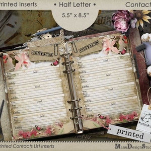 Printed Contacts Pages in Half Letter Size, Vintage Style Planner Refill