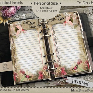 May include: A set of printable to-do list inserts for a personal size planner. The inserts are 3.75 inches by 6.75 inches and feature a vintage floral design with a brown and white color scheme. The text "To Do List" is printed on the inserts.