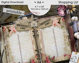 A6 Shopping List, Grocery List Printable Planner Pages, Bullet Journal, Planner Refill Inserts