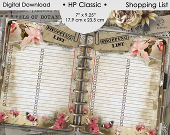 Puede incluir: Lista de compras imprimible con una estética vintage. La lista está dividida en dos columnas con casillas de verificación y papel rayado. La portada presenta un diseño floral con mariposas y el texto "SHOPPING LIST" en un estilo vintage.