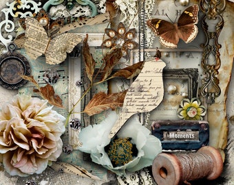 Scrapbook Kit, Digital Papers, Digital Scrapbooking, Shabby Papers, Printable Papers, Instant Download, Vintage Style, Scrapbook Elements