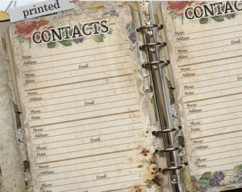 Printed Contacts Page, Vintage Style Address Planner Inserts, Sizes: A5, A6, Personal Size, Half Letter Size