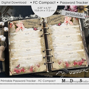 May include: Printable password tracker in a floral design with a distressed vintage look. The tracker is 4.25 inches by 6.75 inches and is designed for a compact binder. The tracker has sections for website, username, password, email, and notes.