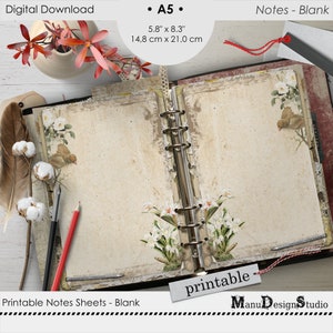 A5 Vintage Style Blank Notes Printable Planner Pages, Planner Refill Inserts