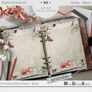 A5 Vintage Style Blank Notes Printable Planner Pages, Planner Refill Inserts