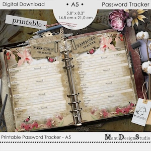 May include: Printable password tracker in A5 size, featuring a vintage design with floral accents. The tracker has sections for website, username, email, password, and notes.