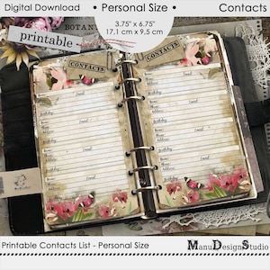 Printable Contacts Page, Personal Size Address Book, Vintage Style Planner Inserts, Contacts List