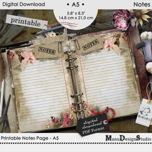 May include: Printable A5 notes page with lined paper, a vintage aesthetic, and floral embellishments. The page is labeled "NOTES" and has a digital download label.