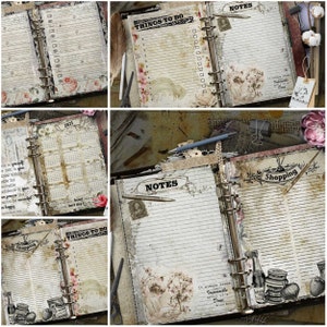 May include: A vintage-style planner with a distressed brown cover. The planner has a ring binding and features pages for notes, to-do lists, and a calendar. The pages are decorated with floral designs and quotes.
