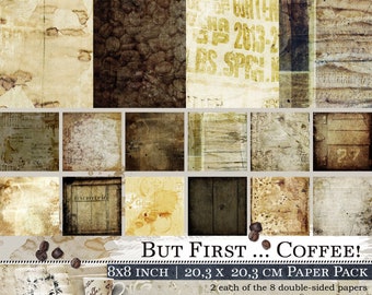 8x8 Scrapbook Paper Pack, But First .... Coffee! Vintage Scrapbook Papers Double-Sided