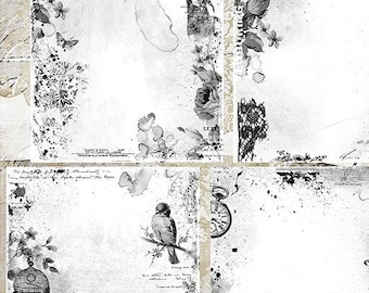 May include: Four digital paper overlays with a white background and black and gray floral, bird, and clock designs. The overlays are 12 inches by 12 inches and 3600 pixels by 3600 pixels. The text "Enduring - Overlays" and "ManuDesignStudio" is at the bottom of the image.