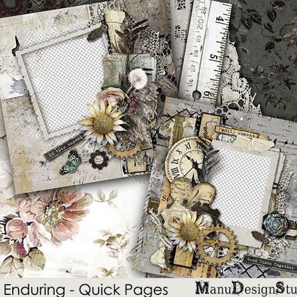 Vintage Premade Digital Scrapbook Pages, 12x12 - Enduring