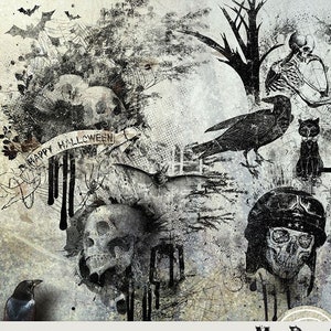 May include: A digital art collage with a spooky Halloween theme. The image features a black crow, a skull, a skeleton, bats, and a spider web. The text "Happy Halloween" is written on a banner.