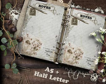 May include: A vintage-style, brown leather-bound journal with a ring binder. The journal has two pages open, each with the word "NOTES" printed at the top. The pages are lined and have a distressed, aged look. The journal is surrounded by flowers and other decorative elements.
