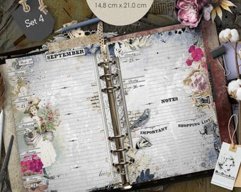 May include: A5 weekly planner inserts measuring 5.8 by 8.3 inches, featuring a vintage-style layout for September. The pages include lined sections for daily planning, notes, and shopping lists, decorated with floral illustrations, a bird, and a person in period clothing.