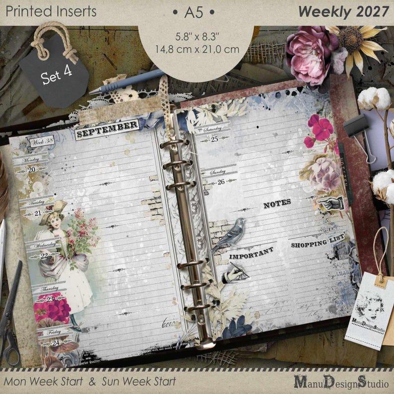 A5 weekly planner inserts measuring 5.8 by 8.3 inches, featuring a vintage-style layout for September. The pages include lined sections for daily planning, notes, and shopping lists, decorated with floral illustrations, a bird, and a person in period clothing.