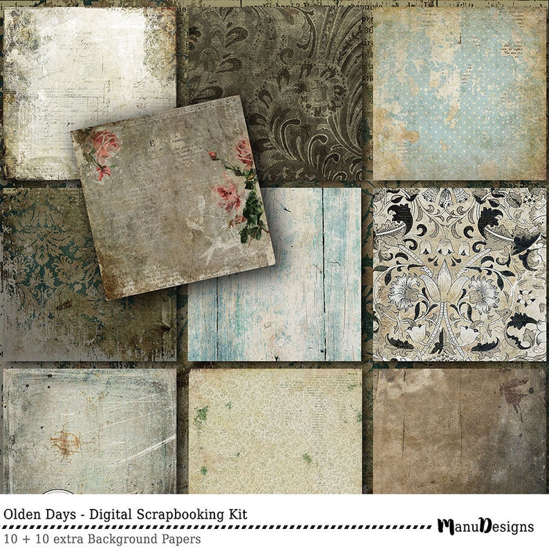 May include: A digital scrapbooking kit with 10 background papers featuring vintage-inspired designs. The papers include floral patterns, wood grain, and distressed textures in shades of brown, blue, and white. The kit is titled "Olden Days - Digital Scrapbooking Kit".