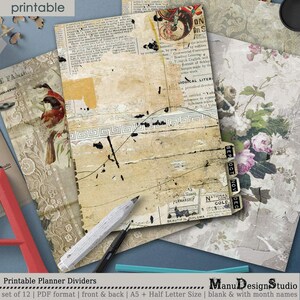May include: A set of 12 printable planner dividers in PDF format. The dividers feature a vintage aesthetic with floral patterns, text, and a distressed look. The dividers are available in A5 and half letter sizes and include both blank and month-named options.
