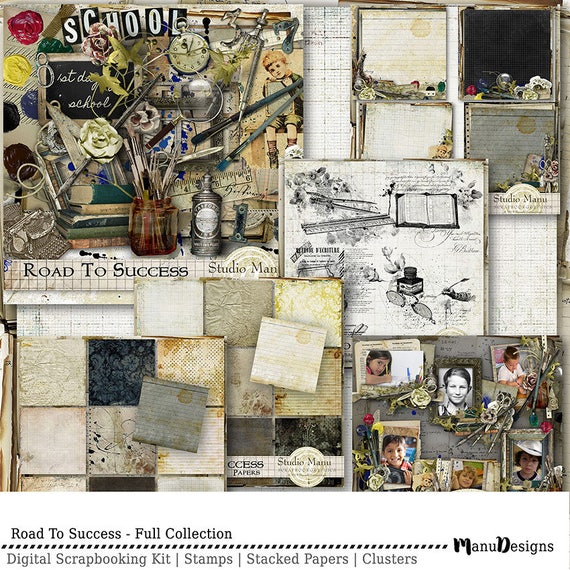 Bundle Of 5, Vintage Digital Old School Scrapbook Collection, Back To School Digital Printable Papers