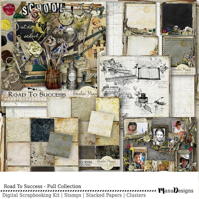 May include: A digital scrapbooking kit with a school theme. The kit includes papers, stamps, and clusters. The papers feature a variety of textures and patterns, including grid paper, lined paper, and vintage paper. The stamps feature school-related images, such as books, pencils, and apples. The clusters feature a variety of elements, such as flowers, ribbons, and buttons. The kit is perfect for creating scrapbook pages, cards, and other paper crafts.