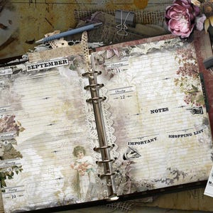 An open ring-bound planner with vintage-style floral and child illustrations, featuring lined pages for September, labeled days of the week, and sections for notes, important tasks, and a shopping list, accented with lace and paper textures.