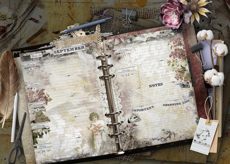 An open ring-bound planner with vintage-style floral and child illustrations, featuring lined pages for September, labeled days of the week, and sections for notes, important tasks, and a shopping list, accented with lace and paper textures.