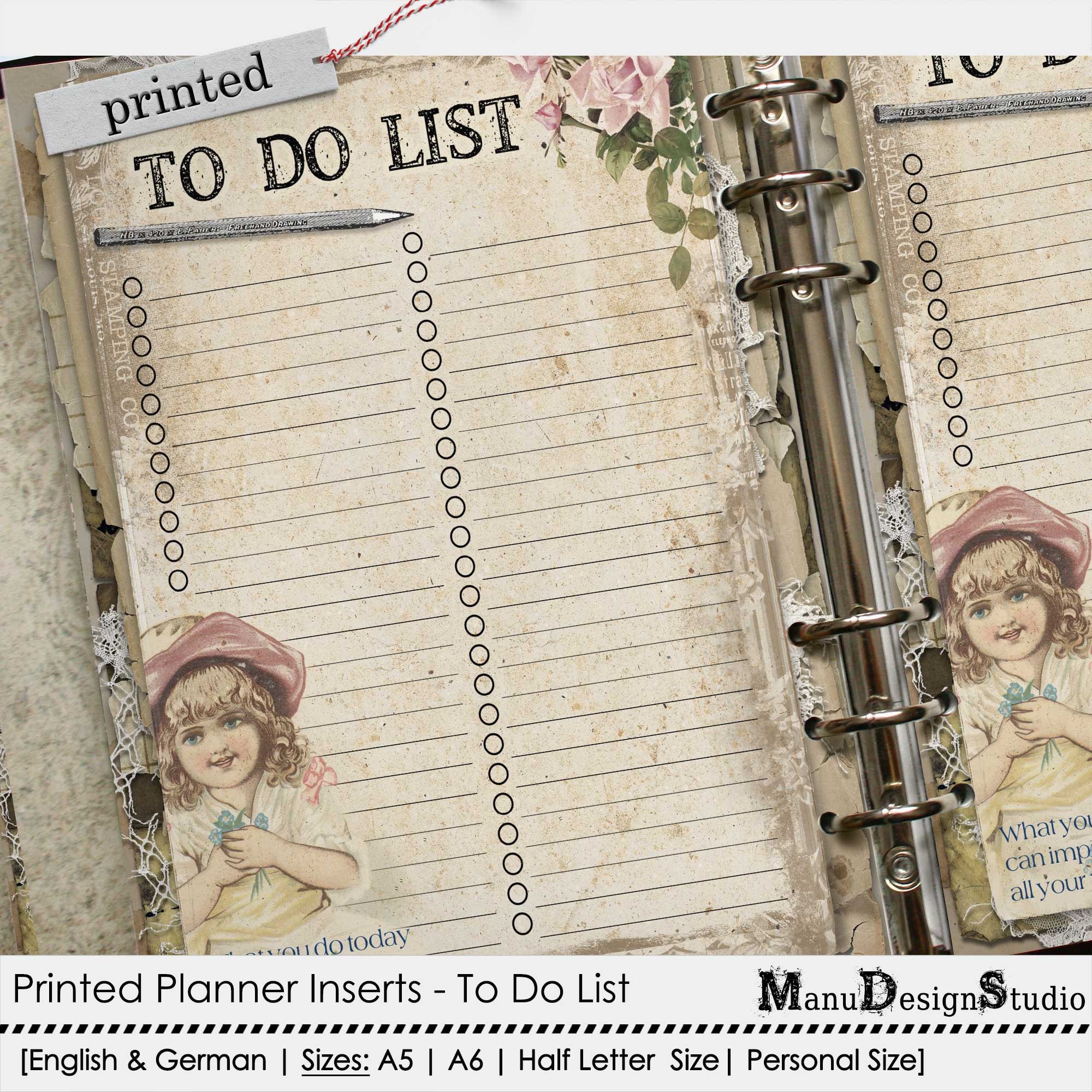 Printed to Do List, Vintage Style Planner Inserts, Sizes: A5