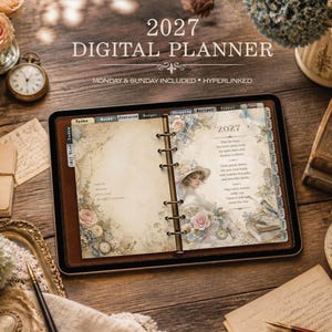 May include: A digital planner displayed on a tablet screen, featuring a vintage-inspired floral design with a Victorian-style illustration of a person in a hat. The interface includes hyperlinked tabs for tasks, notes, contacts, and budget.