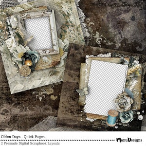 Può includere: Due layout di scrapbooking digitale con un'estetica vintage. Ogni layout presenta una cornice vuota con uno sfondo di carta invecchiata e usurata. Il primo layout include una lanterna, fiori e una sovrapposizione di pizzo. Il secondo layout include una farfalla, un rocchetto di filo e una rosa.