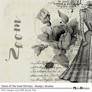 Puede incluir: Una ilustraci&oacute;n digital en blanco y negro de un dise&ntilde;o floral vintage con una mujer con un vestido largo. El texto "Zoom" est&aacute; escrito en una fuente grande en la esquina superior izquierda de la imagen. El texto "Charm Of The Good Old Days - Stamps / Brushes" est&aacute; escrito en la esquina inferior izquierda de la imagen. El texto "PNG Images and ABR Brush File" est&aacute; escrito en la esquina inferior izquierda de la imagen. El texto "ManuDesigns" est&aacute; escrito en la esquina inferior derecha de la imagen.