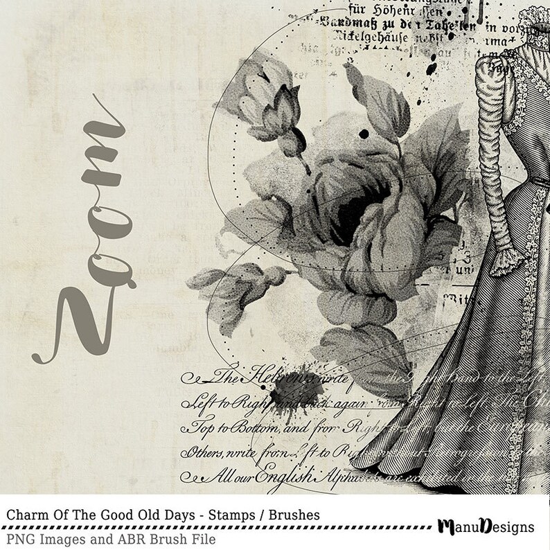 Puede incluir: Una ilustraci&oacute;n digital en blanco y negro de un dise&ntilde;o floral vintage con una mujer con un vestido largo. El texto "Zoom" est&aacute; escrito en una fuente grande en la esquina superior izquierda de la imagen. El texto "Charm Of The Good Old Days - Stamps / Brushes" est&aacute; escrito en la esquina inferior izquierda de la imagen. El texto "PNG Images and ABR Brush File" est&aacute; escrito en la esquina inferior izquierda de la imagen. El texto "ManuDesigns" est&aacute; escrito en la esquina inferior derecha de la imagen.