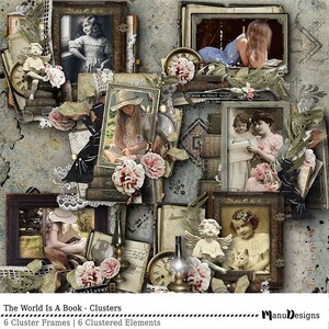 May include: A digital collage featuring vintage-style frames with images of children reading books. The collage includes roses, clocks, and a quote about books. The text "The World Is A Book - Clusters" and "6 Cluster Frames | 6 Clustered Elements" is at the bottom of the collage.