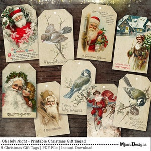 Vintage Santa Christmas Gift Tags, Printable Holiday Labels (Digital Download)