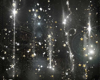 Superposiciones navideñas brillantes, luces festivas, estrellas (superposición digital)