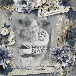 May include: A black and white photo of two people hugging. The woman is wearing a leopard print sweater and the girl is wearing a white sweater. The photo is surrounded by blue and white flowers and lace.