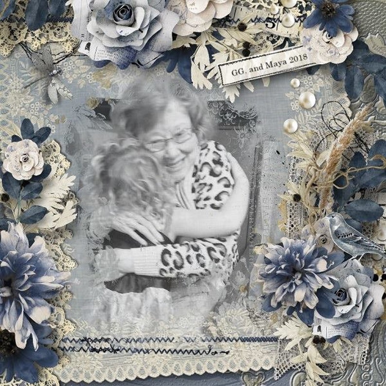 May include: A black and white photo of two people hugging. The woman is wearing a leopard print sweater and the girl is wearing a white sweater. The photo is surrounded by blue and white flowers and lace.