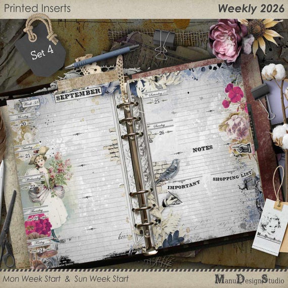 2026 Weekly Planner Inserts, Vintage Floral Design, Multiple Sizes (A5, A6, Half Letter)