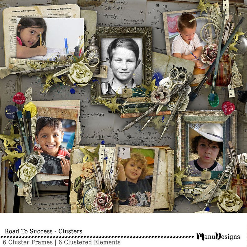 May include: A collage of vintage-style frames with photos of children, surrounded by school-themed elements like pencils, rulers, and a chalkboard. The text "Road To Success - Clusters" and "6 Cluster Frames | 6 Clustered Elements" is at the bottom of the image.