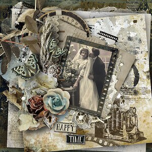 May include: A vintage-style scrapbook page with a black and white photo of a bride and groom, a clock face, butterflies, lace, flowers, and the words "HAPPY TIME".