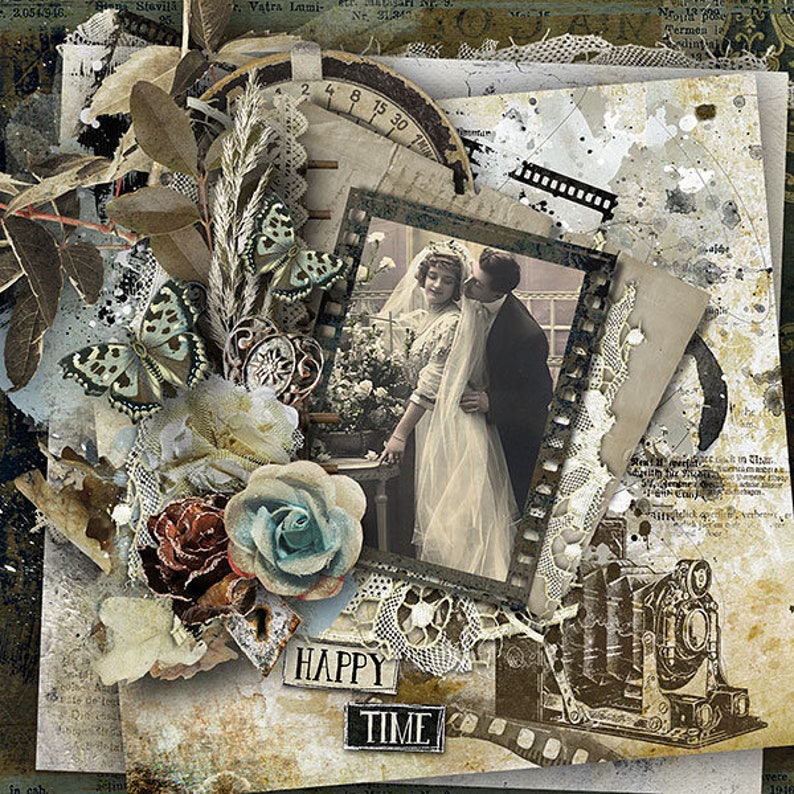 May include: A vintage-style scrapbook page with a black and white photo of a bride and groom, a clock face, butterflies, lace, flowers, and the words "HAPPY TIME".