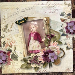 May include: A vintage-style scrapbook page with a photo of a young girl in a burgundy cardigan and a floral dress. The page is decorated with flowers, butterflies, and handwritten text, including "North Star Blend" and "Coffee, Coffee!"