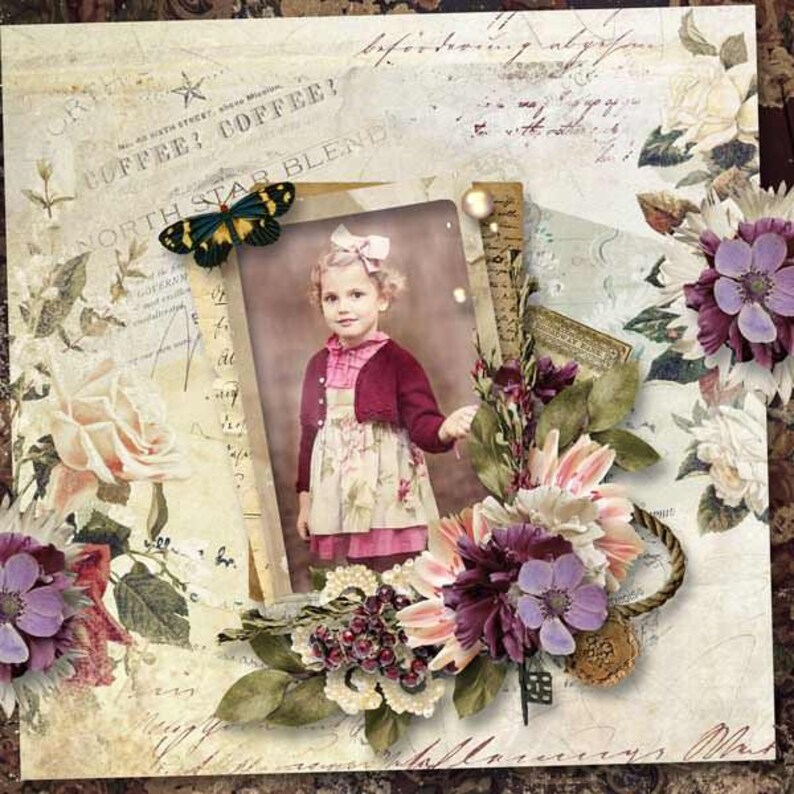 May include: A vintage-style scrapbook page with a photo of a young girl in a burgundy cardigan and a floral dress. The page is decorated with flowers, butterflies, and handwritten text, including "North Star Blend" and "Coffee, Coffee!"