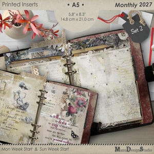 May include: A5 monthly 2027 printed planner inserts measuring 5.8 inches by 8.3 inches. The pages feature vintage-style floral and script graphics, a calendar grid, and inspirational text. The set includes ring-bound pages with a monthly layout.