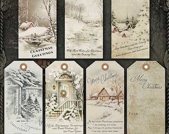 Etiquetas navideñas vintage para regalos, etiquetas navideñas imprimibles (PNG, JPG, PDF)