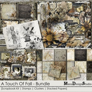 Könnte beinhalten: Ein digitales Scrapbooking-Kit mit Herbstthema. Das Kit enthält Bilder von Blumen, Blättern, Vögeln und Vintage-Rahmen. Der Text "A Touch of Fall - Bundle" befindet sich am unteren Rand des Bildes. Das Kit enthält auch Stempel, Cluster und gestapelte Papiere.
