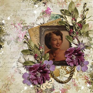 May include: A vintage-style scrapbook page with a framed photo of a woman, purple flowers, and white flowers. The background is a textured paper with handwritten text.