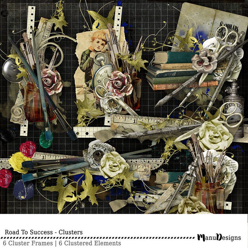 May include: A digital collage featuring vintage elements, including a clock, a ruler, a jar of paintbrushes, a pair of scissors, and a book. The collage is set against a black and white grid background with a faded, textured look.