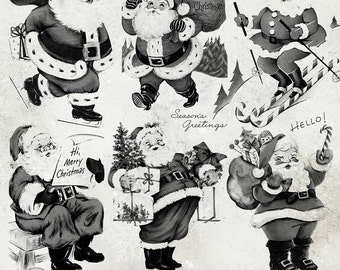 Puede incluir: Un conjunto de cinco ilustraciones vintage en blanco y negro de Papá Noel en varias poses. Papá Noel sostiene un regalo, una bolsa de juguetes, un cartel que dice "Feliz Navidad" y un bastón de caramelo. También está esquiando y patinando sobre hielo. Las ilustraciones son perfectas para crear tarjetas navideñas, páginas de álbumes de recortes u otras manualidades.